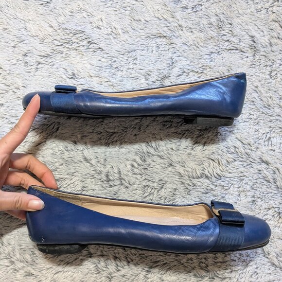 Salvatore Ferragamo Blue Ballet Flats Varina Leather Bow EU 40 US 10 - Picture 2 of 11